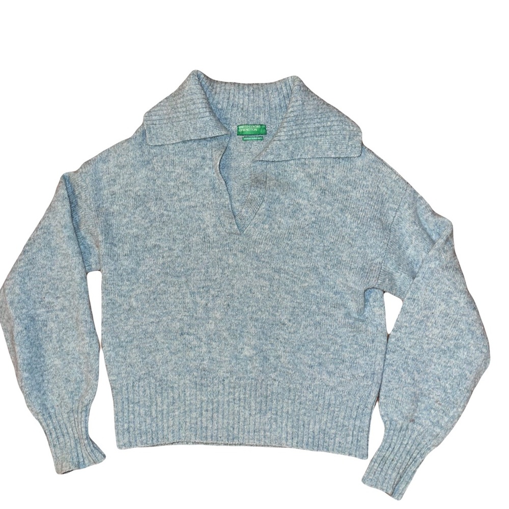 United Colors of Benetton Vintage Heathered Green Collared Italian Wool Sweater